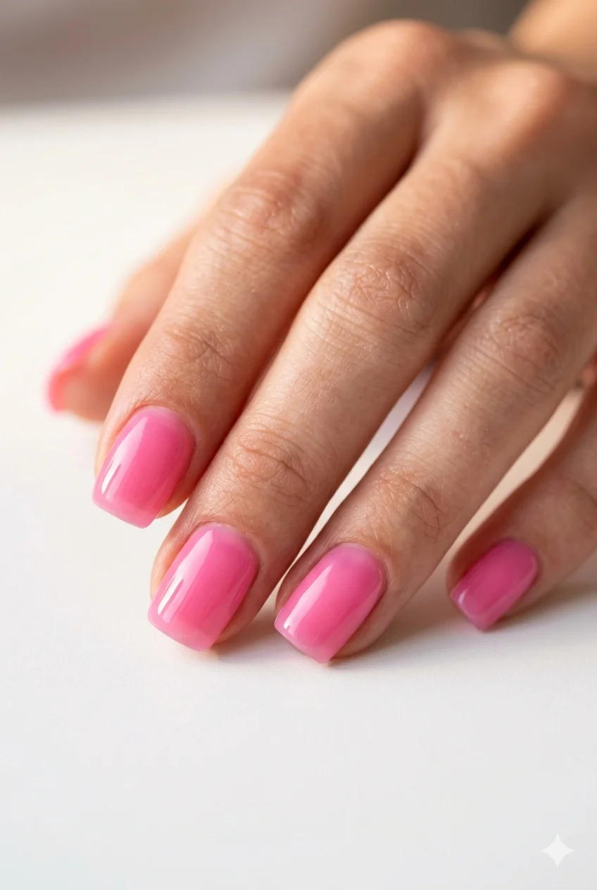 Y2K bubblegum pink nails candy bright pink jelly gel glossy luminous short oval 2026