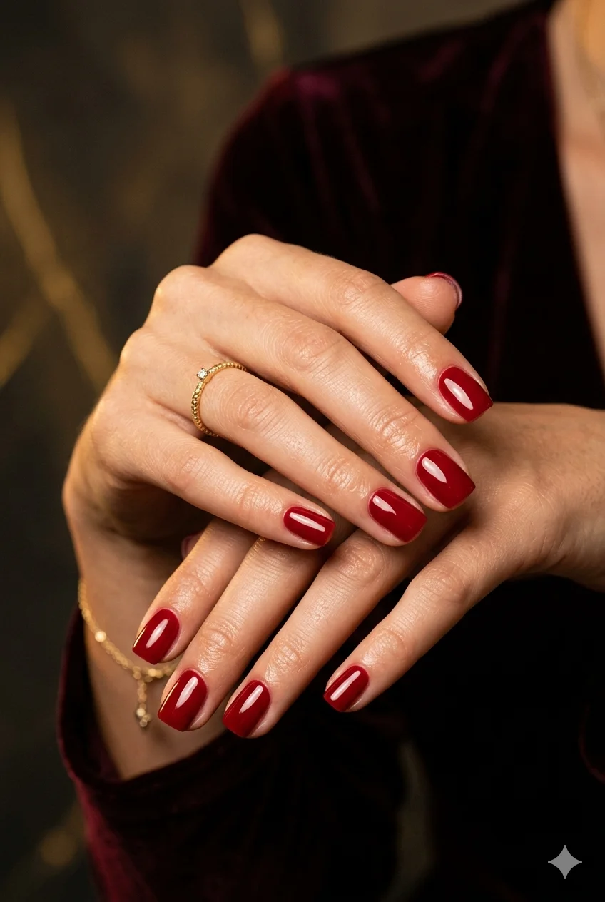 short square red nails bold classic red gel glossy confident everyday 2026