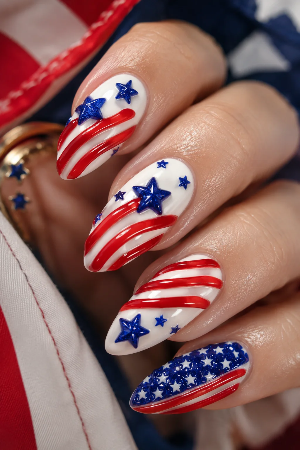 stars stripes 3D nail art raised red gel stripes 3D blue star accents white base flag accent nail 4th of July 2026