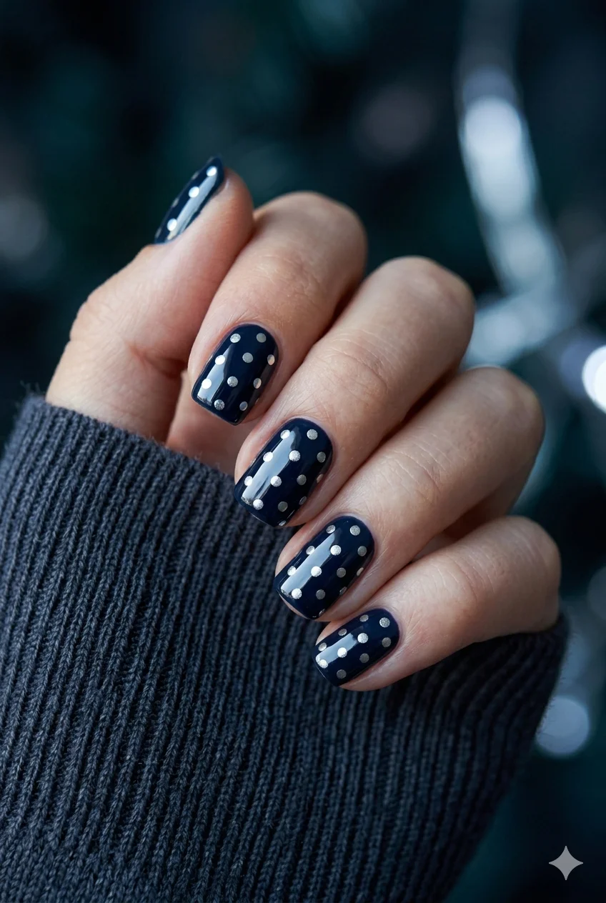 winter sparkle polka dot nails midnight navy deep green base silver chrome dots reflective festive 2026