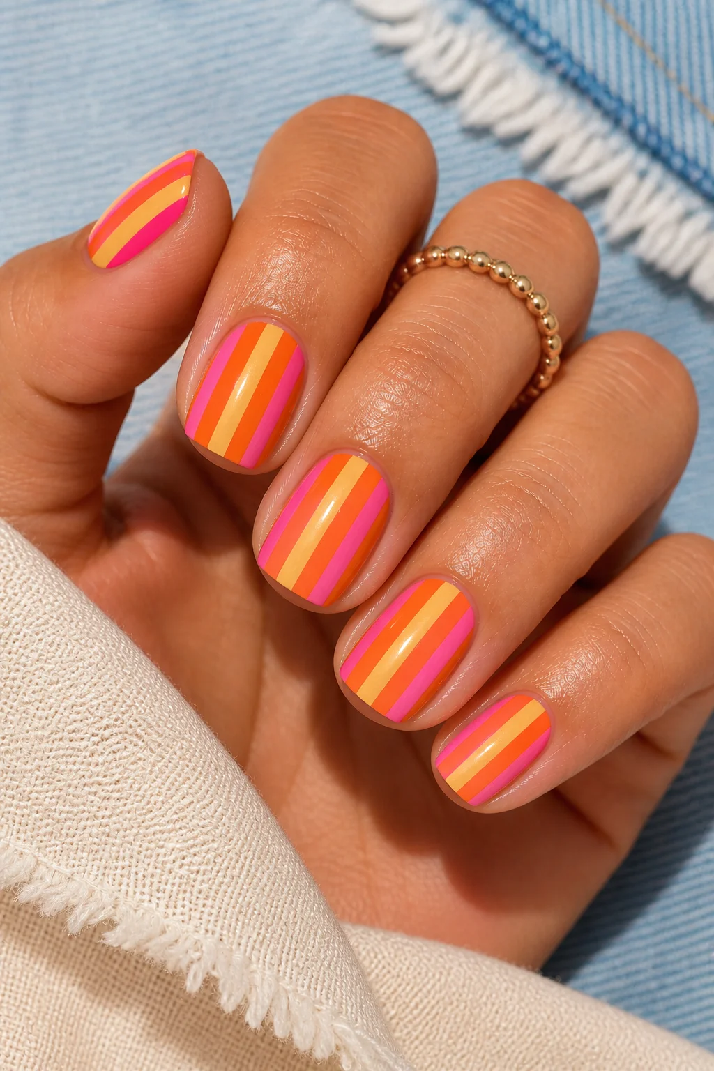 cabana stripe summer nails – vertical pink orange stripes crisp edges beach towel aesthetic short square 2026