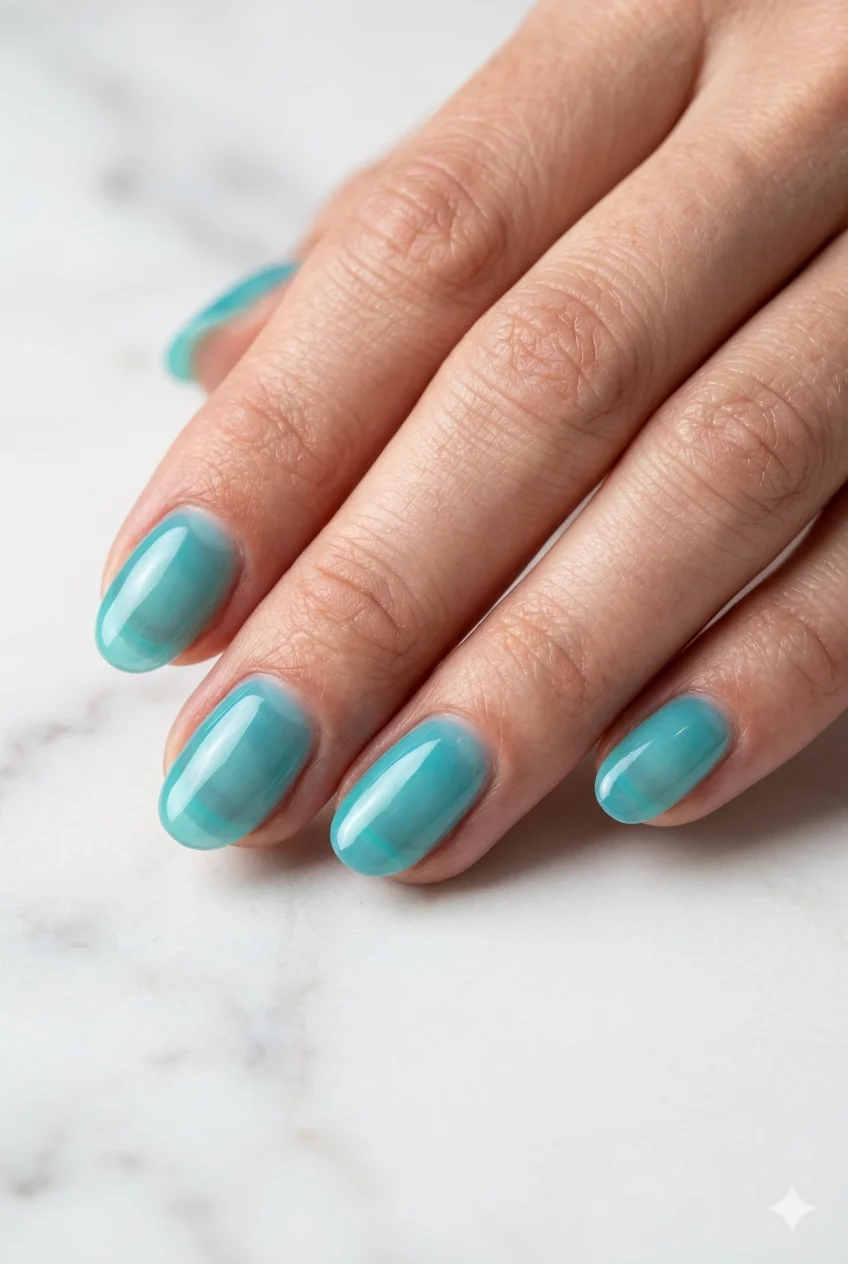 Y2K jelly aqua nails semi-transparent aqua blue gel nail bed visible glass-like 2026
