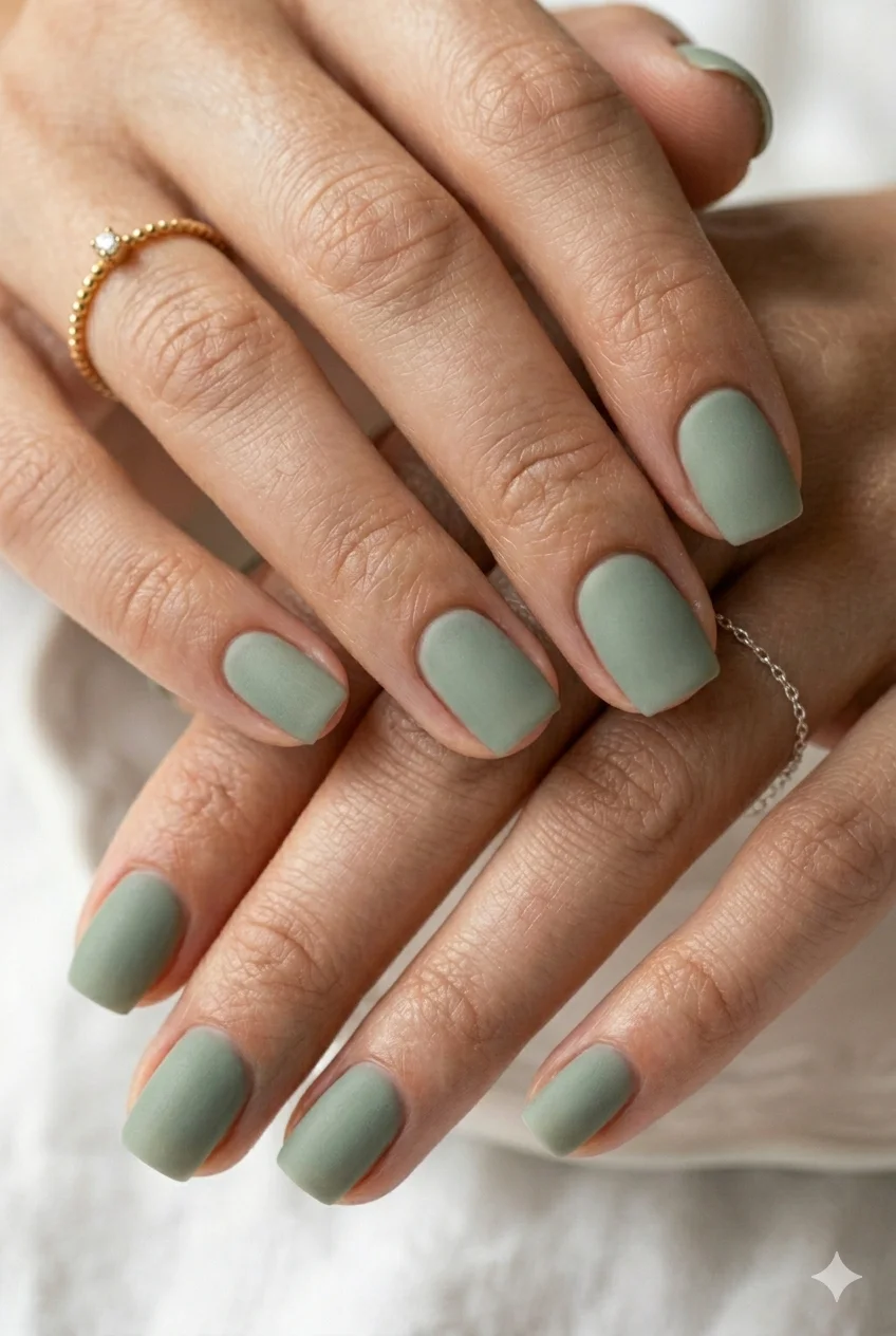 short square sage green nails muted earthy matte gel quiet luxury 2026