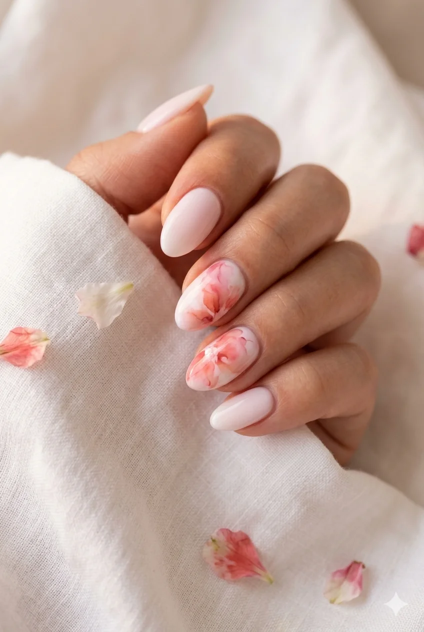 watercolor bloom floral nails – soft organic blooming gel flower pastel pink milky base botanical short almond 2026