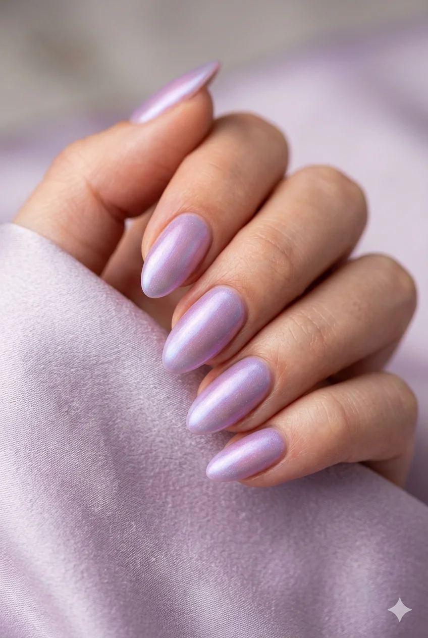 Y2K iridescent lilac nails soft purple pink blue color shifting shimmer almond oval 2026