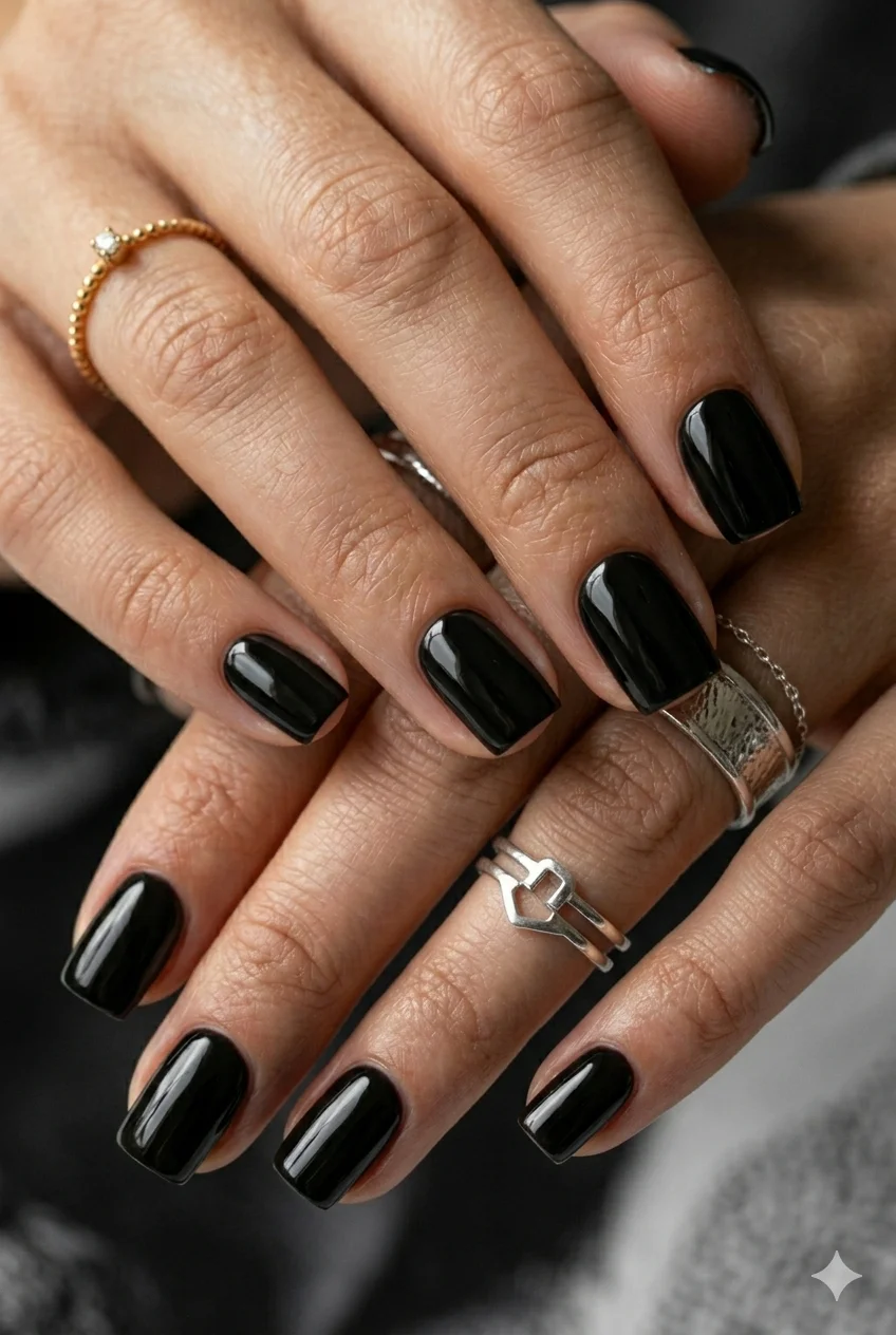 black square nails matte or glossy deep black graphic architectural bold 2026