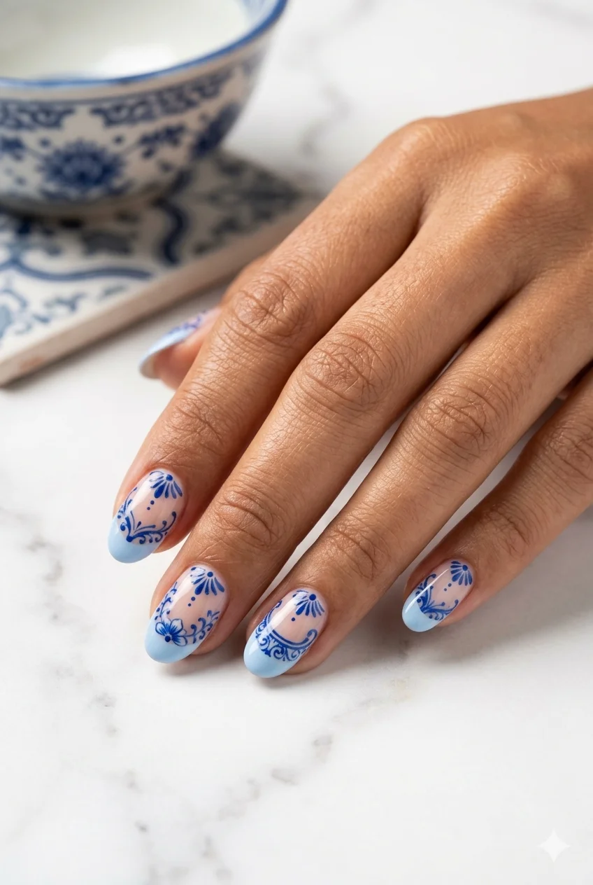 blue china nail art nails – pale blue French tip cobalt blue porcelain dot detailing elegant short oval summer 2026