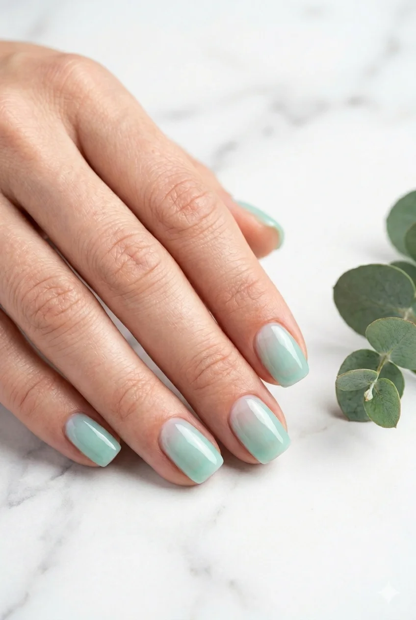 Y2K mint jelly nails sheer translucent cool mint green gel sea glass short squoval 2026