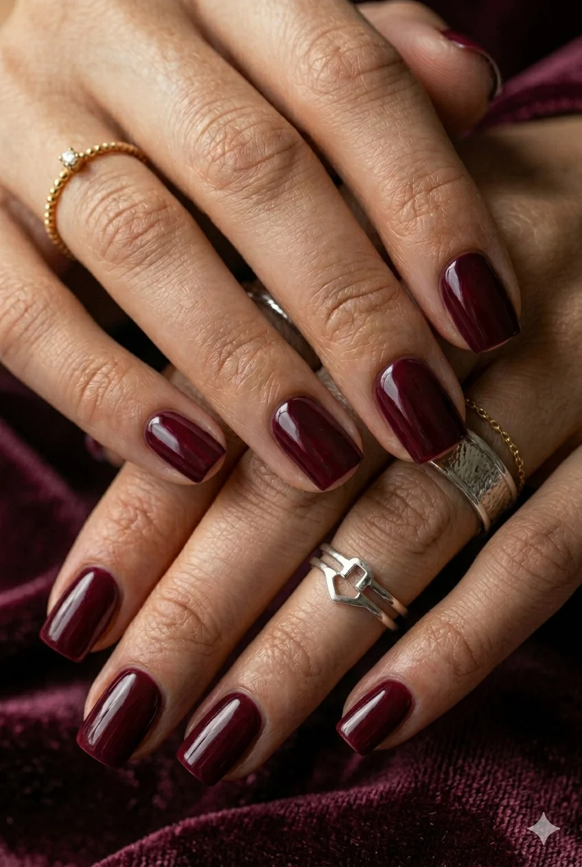 burgundy square nails deep rich wine red glossy flat edge clean 2026