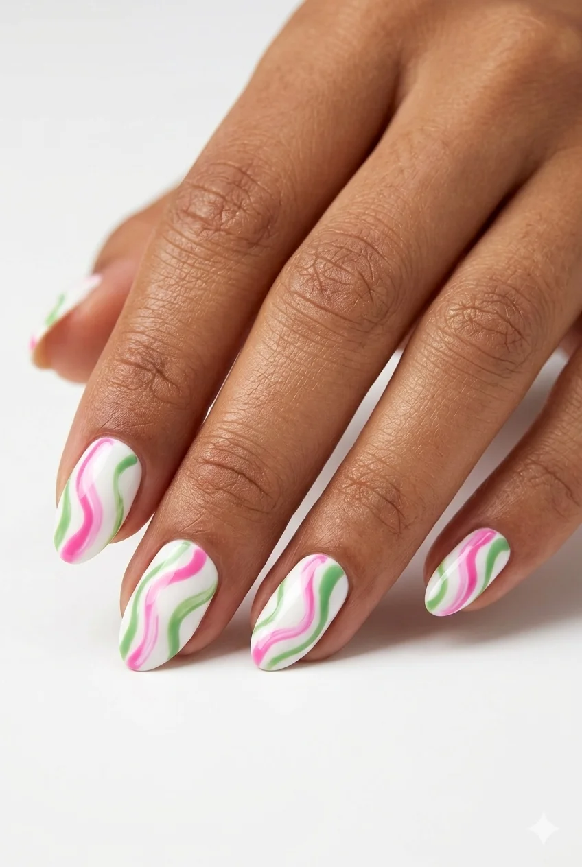 abstract swirl summer nails – pink and green organic flowing swirl lines on white base short almond 2026