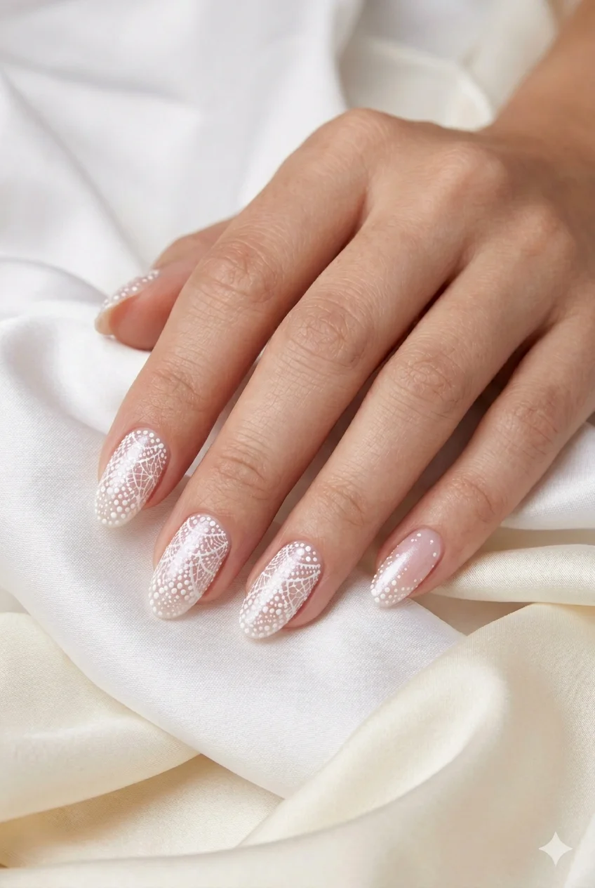 Y2K pearl shimmer nails sheer white pink base soft diffused pearl iridescent glow minimal 2026
