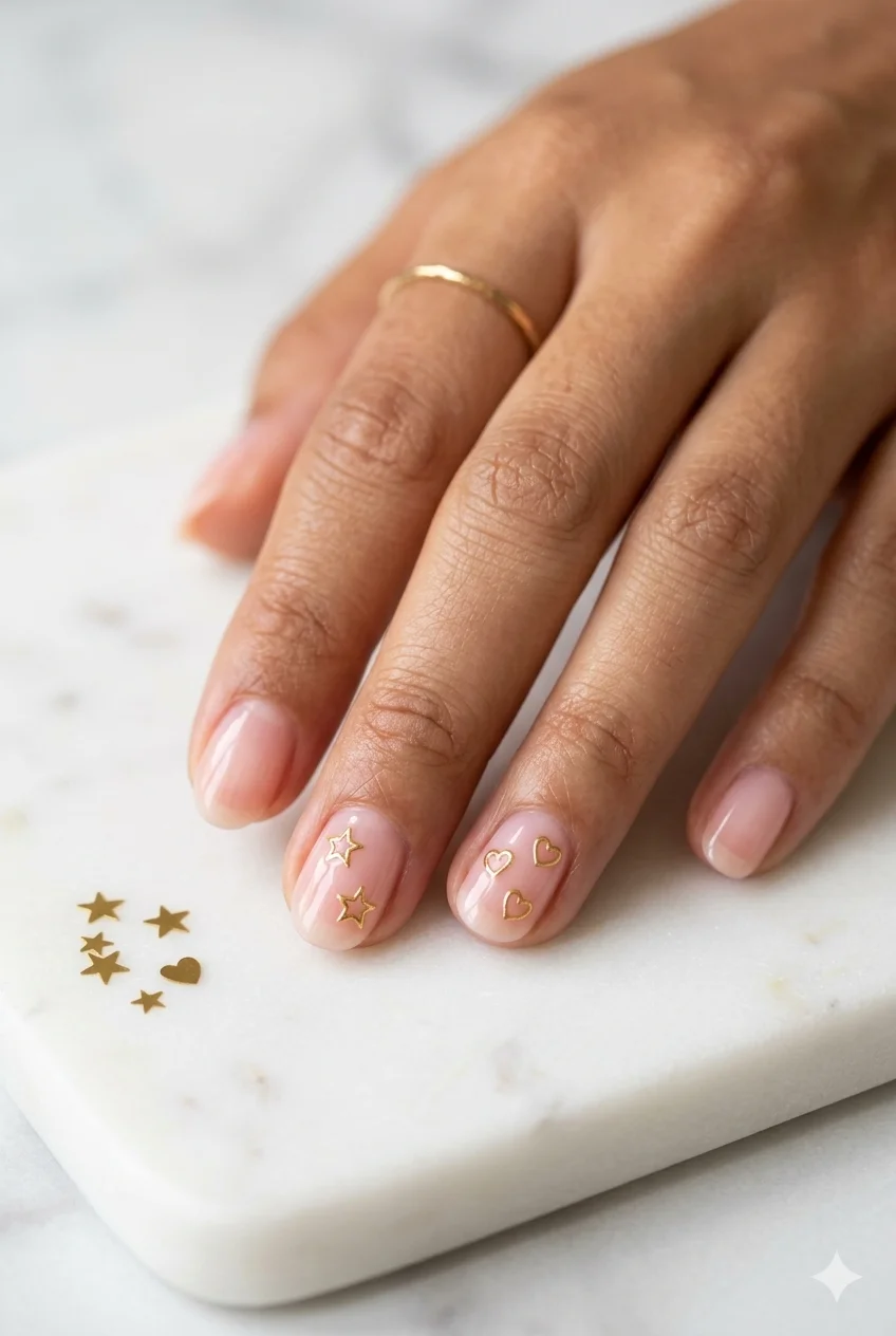micro star heart accent nails – sheer pink gel base tiny gold stars hearts on accent nails minimal sweet summer 2026