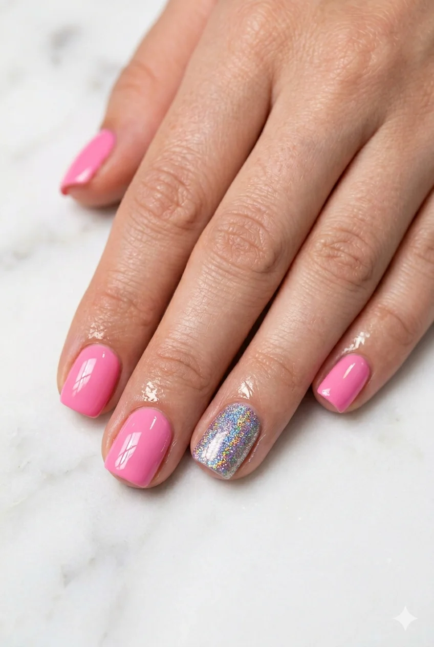Y2K short nails holographic glitter accent bubblegum pink squoval clearly short length 2026