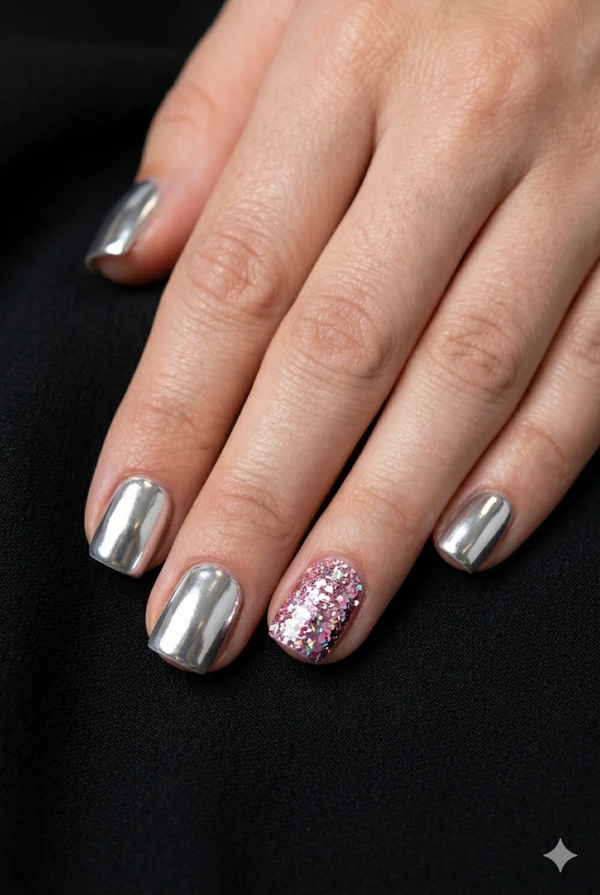 Y2K square nails silver chrome flat free edge one chunky glitter accent square shape 2026