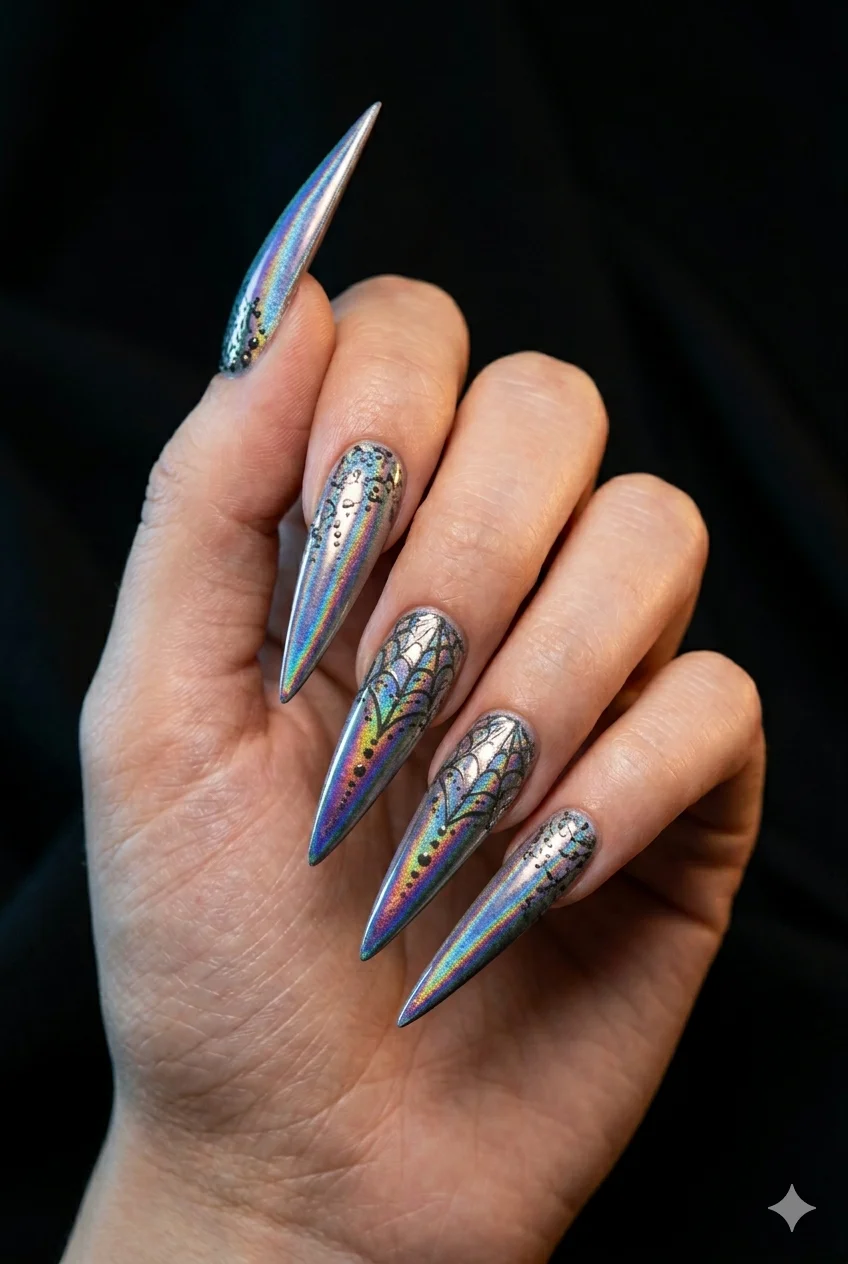 Y2K stiletto nails holographic rainbow chrome long pointed tips dramatic 2026