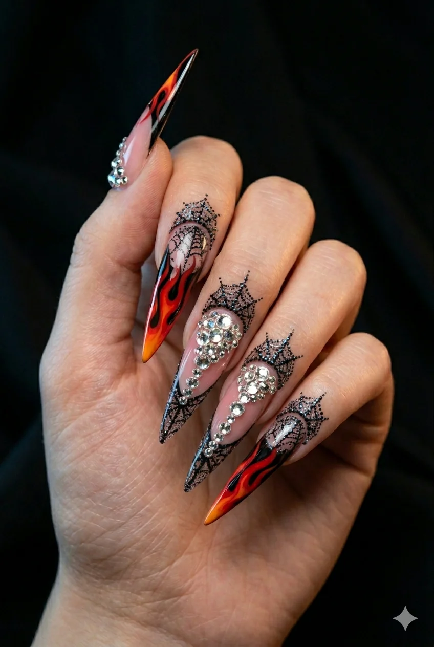 Y2K stiletto nails rhinestone gems and flames mixed set long pointed maximalist 2026