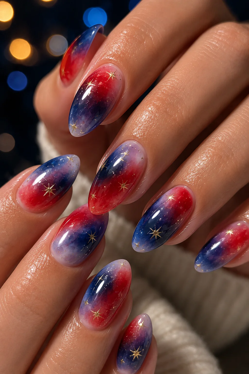 patriotic aura fireworks nails red and blue diffused blurred blended gel dark navy base fourth of July 2026