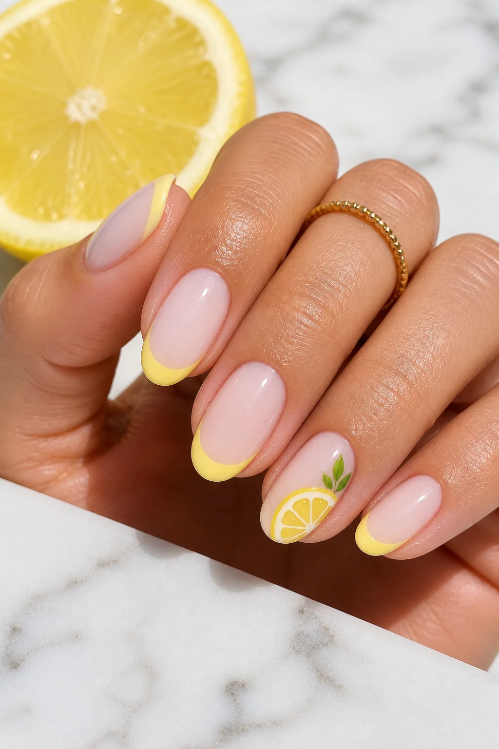 lemon citrus French tip nails – soft yellow French tip milky base with lemon slice accent short almond 2026