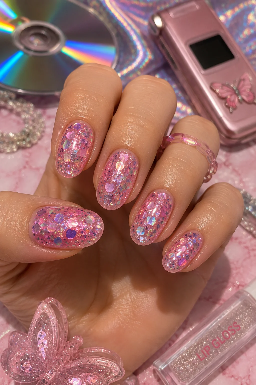 Y2K chunky glitter gel nails pink iridescent chunky glitter suspended in clear gel snow globe 2026