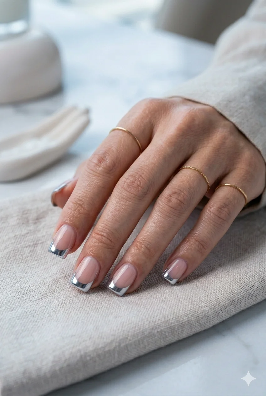 chrome square French tip nails silver chrome powder on flat square free edge sheer nude base 2026