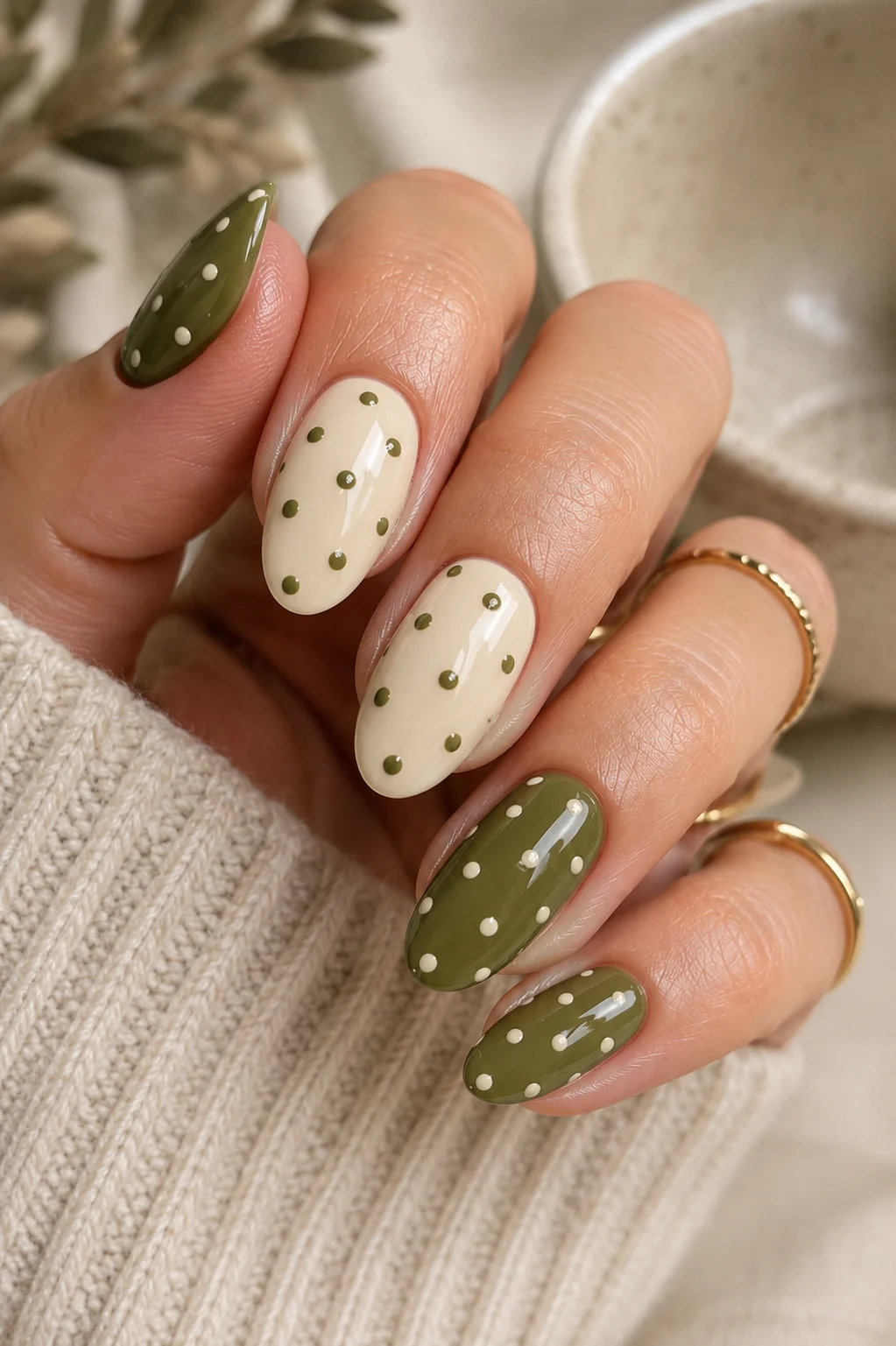 olive green cream polka dot nails reversed across the set earthy wabi-sabi minimal 2026