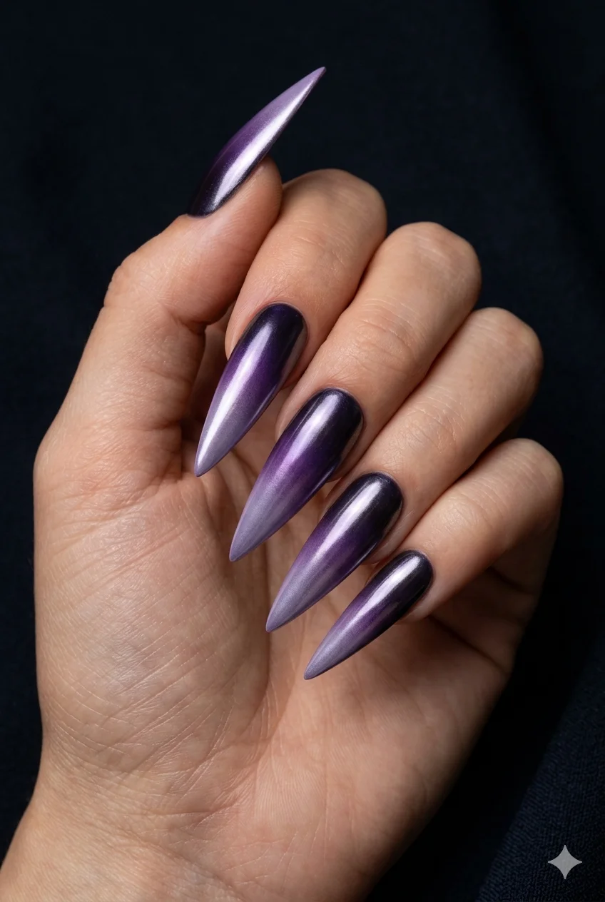 Y2K stiletto nails purple chrome ombre dark violet lavender tips metallic gradient 2026