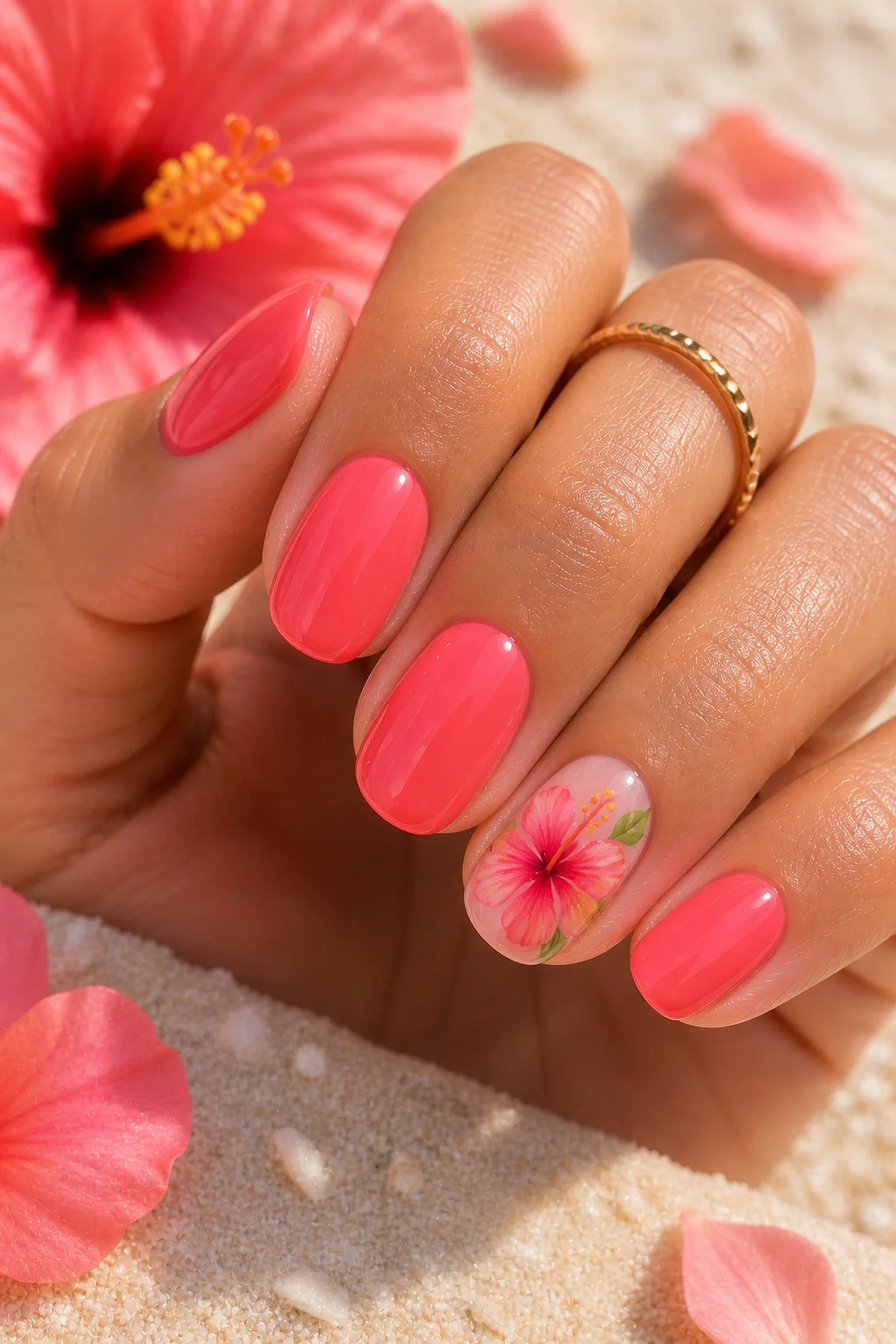 hibiscus floral nails – coral or hot pink gel base with airbrushed hibiscus accent tropical summer 2026