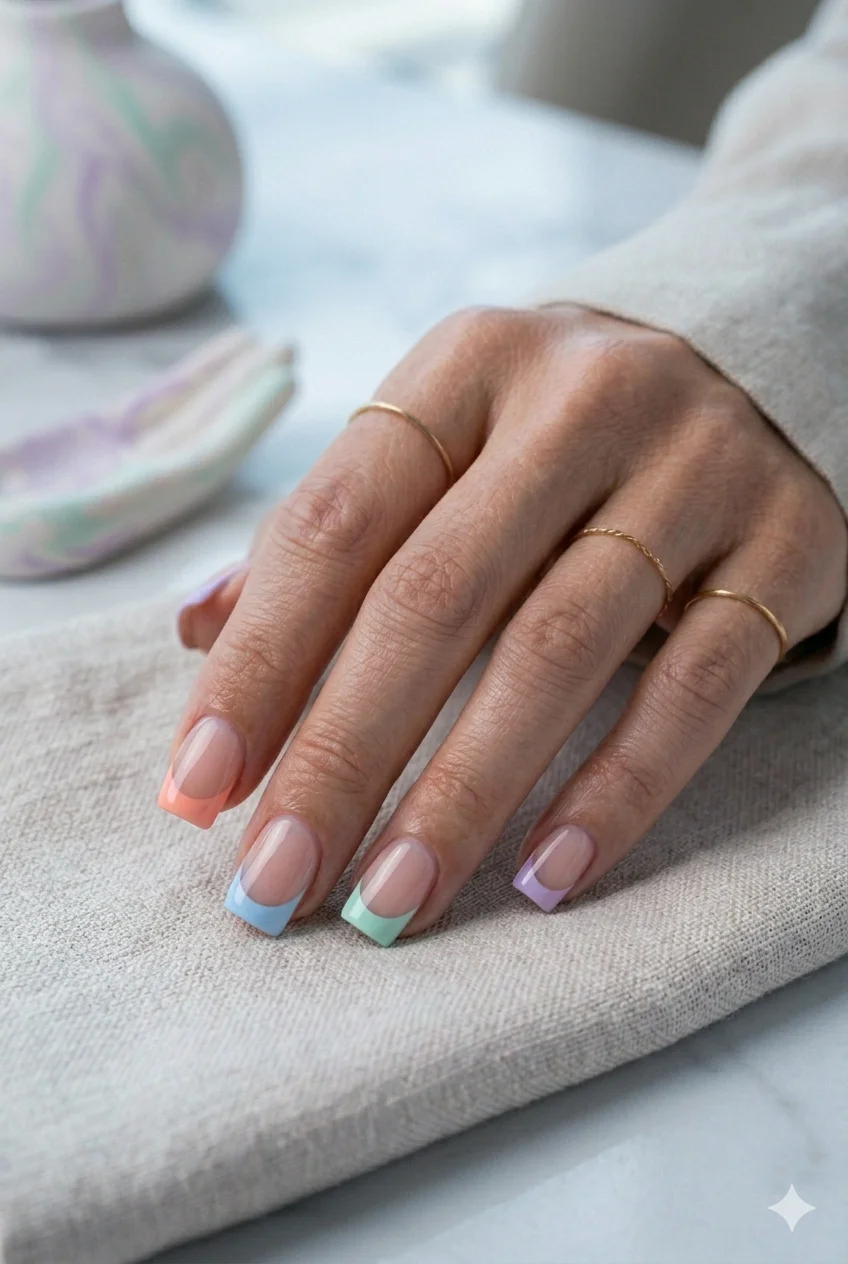 colored square French tip nails pastel lilac blue coral tip sheer base graphic 2026