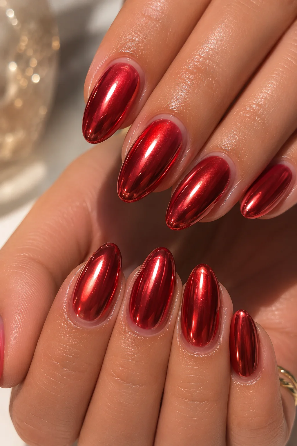red chrome 4th of July nails soft-edged metallic red chrome over sheer gel base patriotic summer 2026