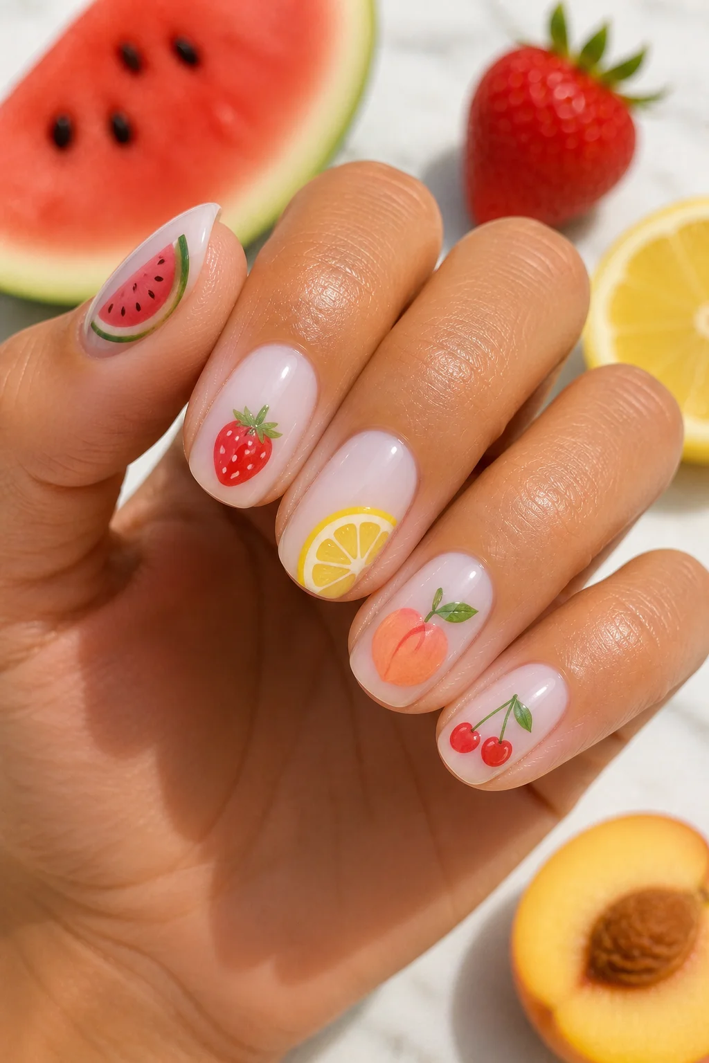 mix and match fruit nails – different fruit design on each nail watermelon strawberry lemon peach consistent sheer base 2026