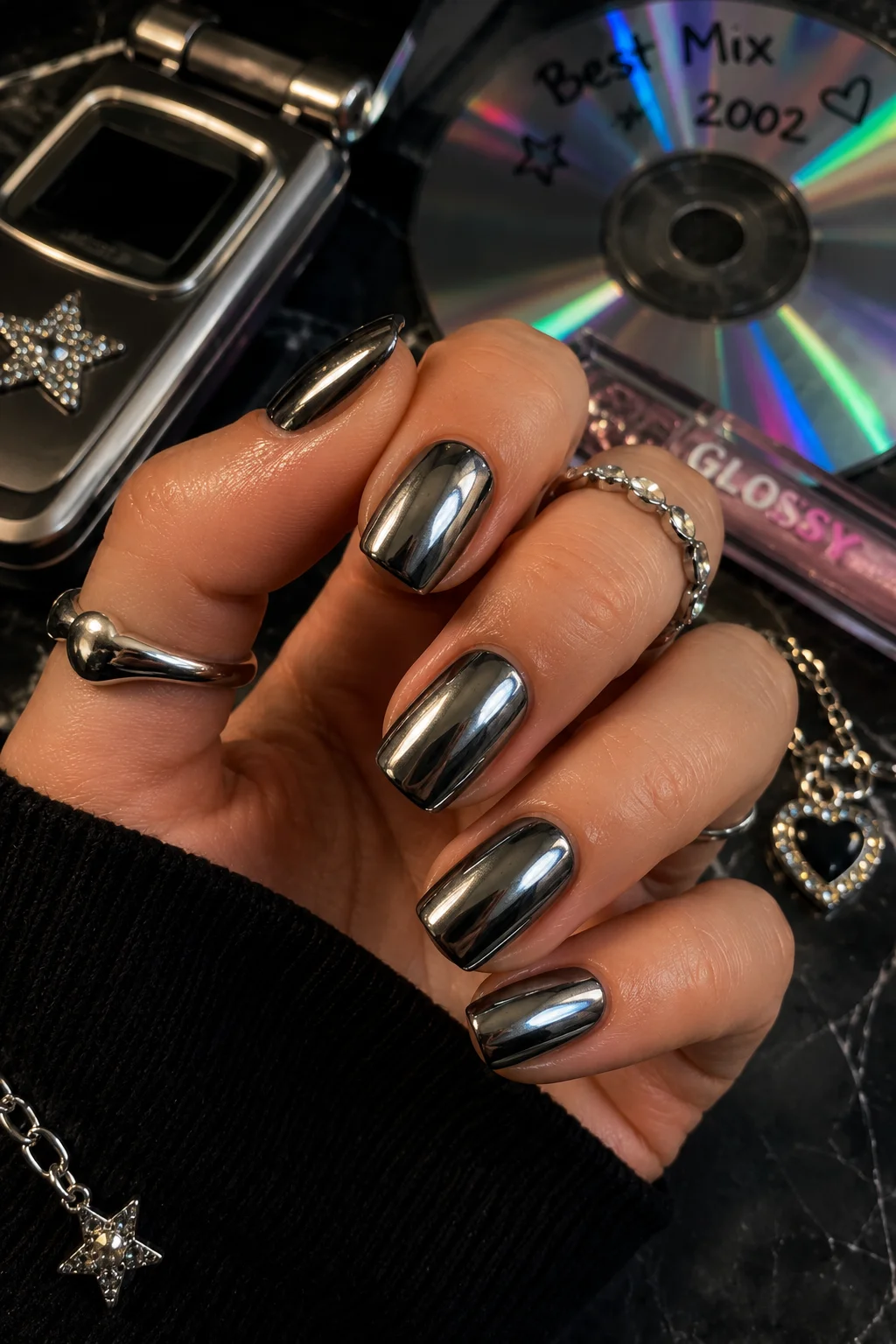 Y2K black chrome nails silver chrome powder over black gel gunmetal gothic glam 2026
