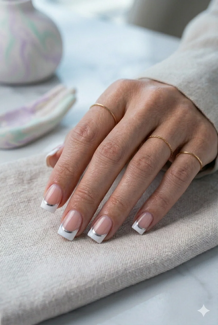 double French tip square nails two parallel stacked tip lines flat square edge 2026