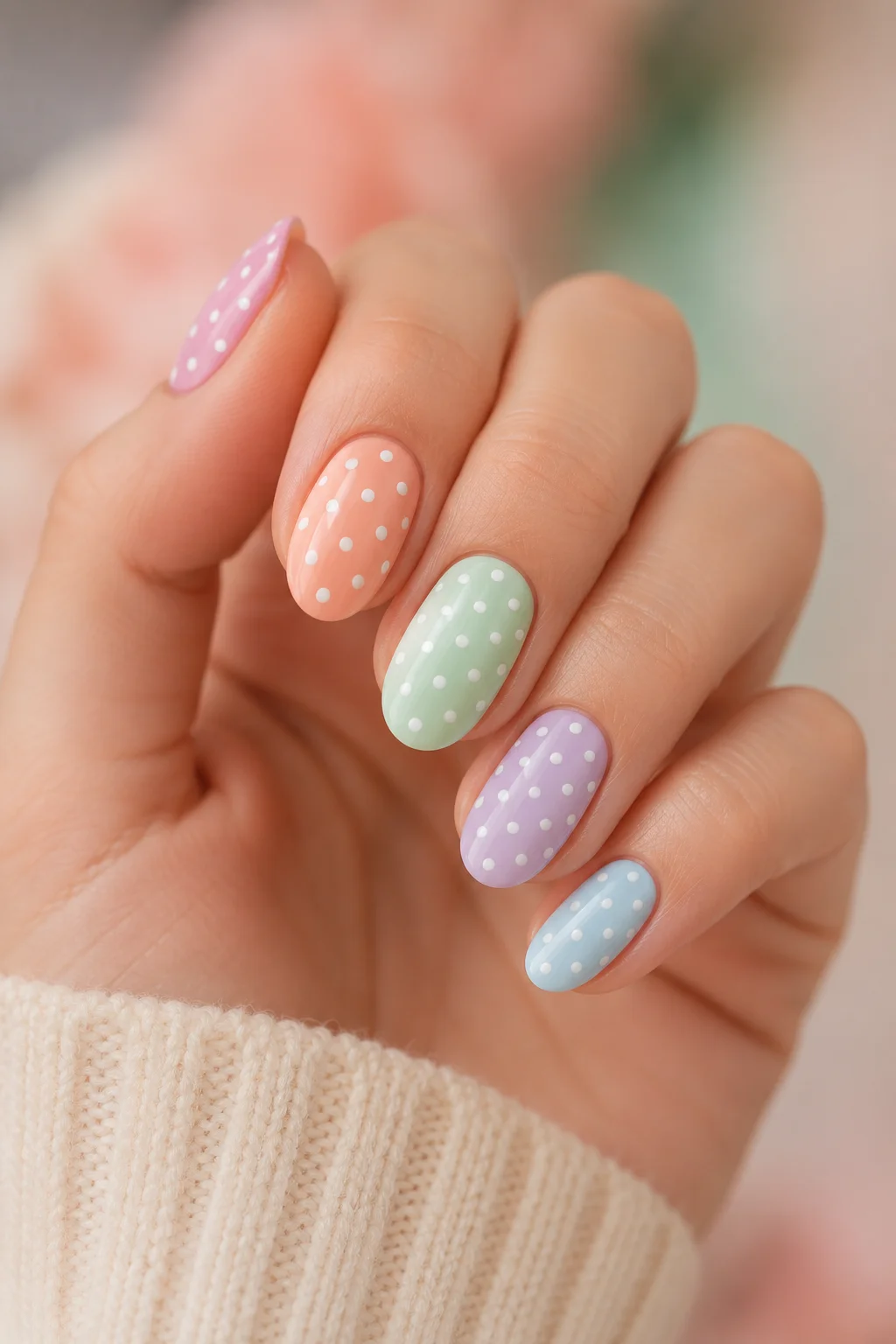 sorbet pastel polka dot nails mismatched soft peach mint lavender blueberry on neutral base spring 2026