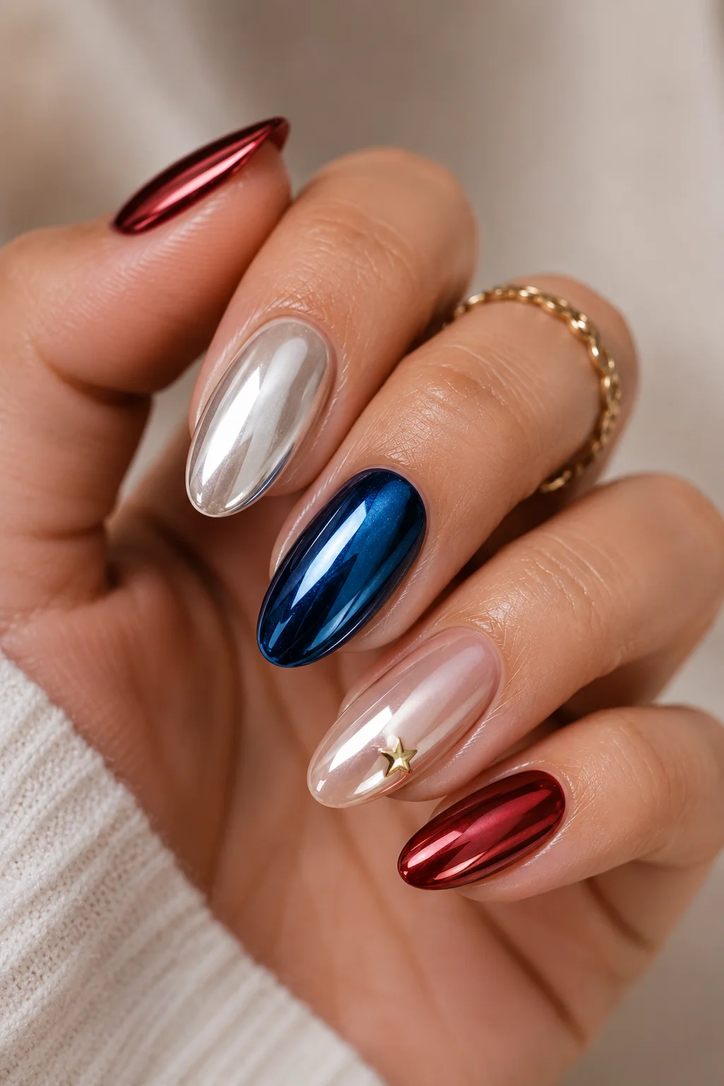 patriotic chrome mixed set red white navy chrome five different nails gold star accent fourth of July 2026