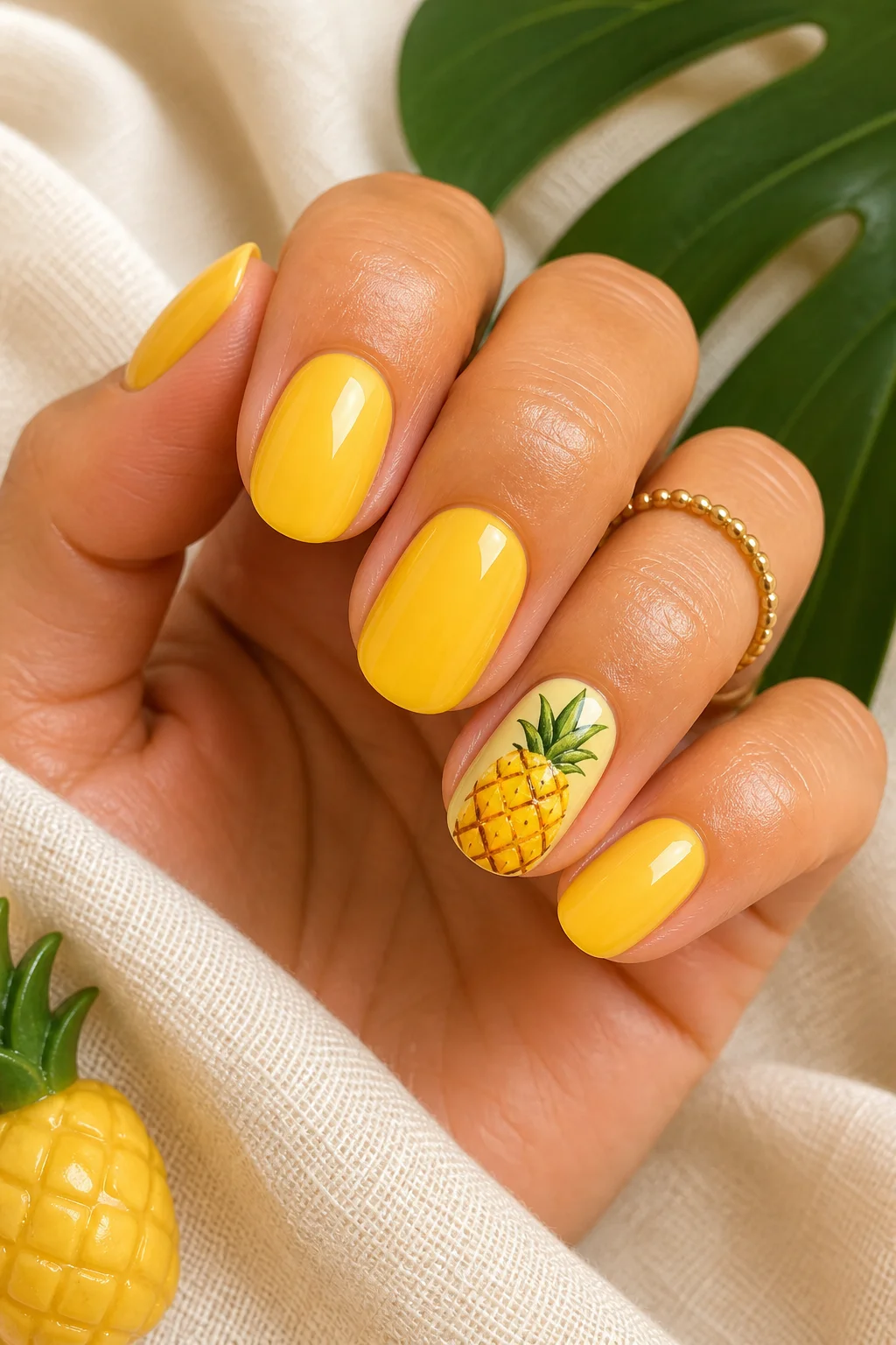 pineapple accent nails – warm golden yellow gel base with cute pineapple illustration on ring finger tropical summer 2026
