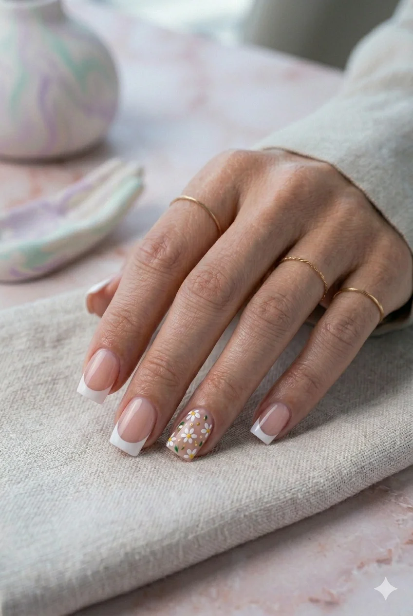 square French tips with floral accent daisy ring finger square nails geometric floral balance 2026