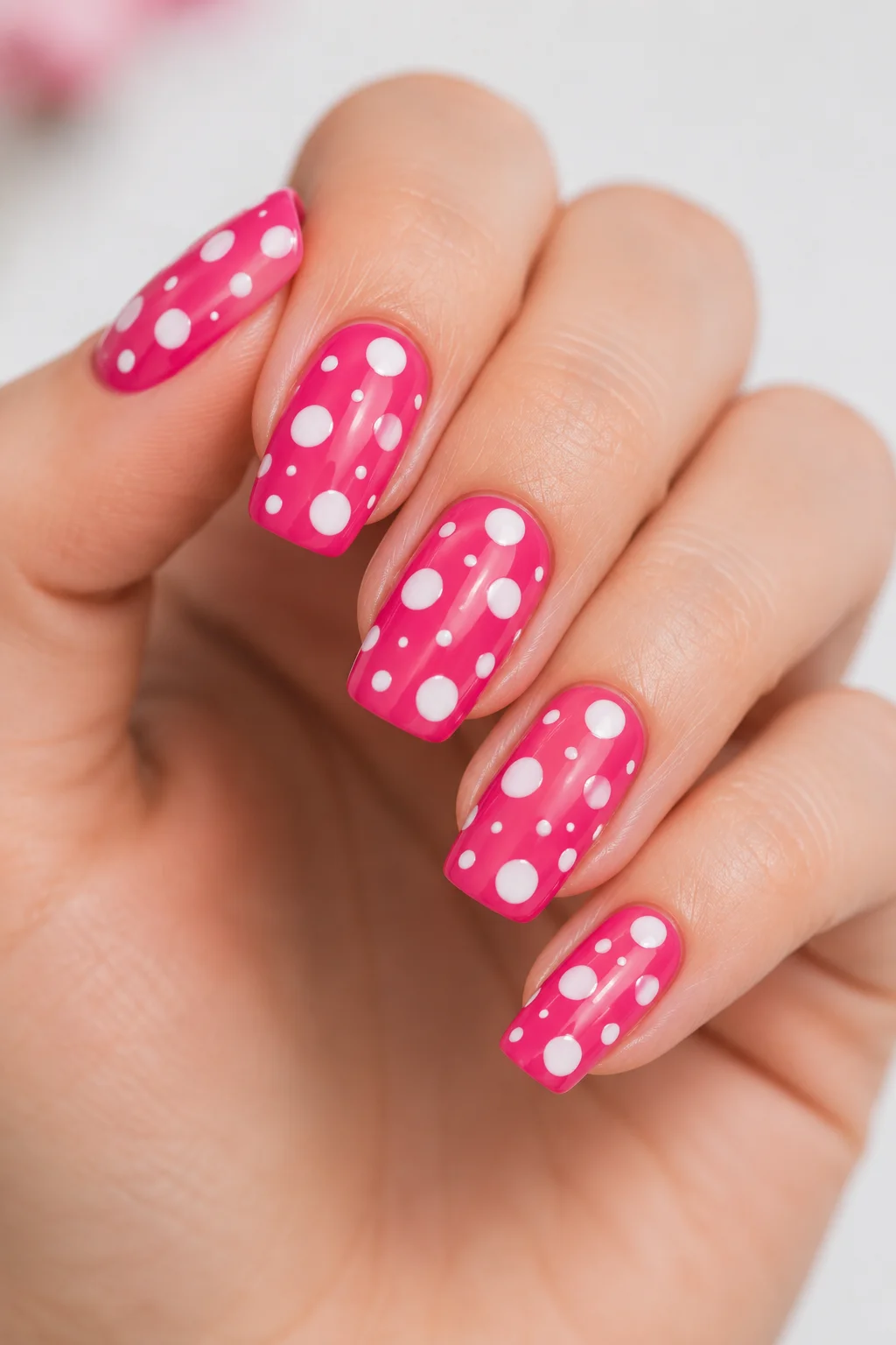 hot pink polka dot nails varied white dots on hot pink gel base bold retro-modern asymmetric 2026