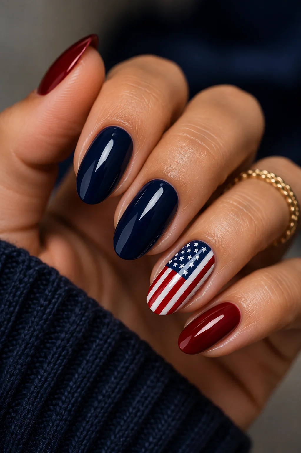 American flag accent nail hand-painted flag ring finger solid navy four nails 4th of July patriotic 2026