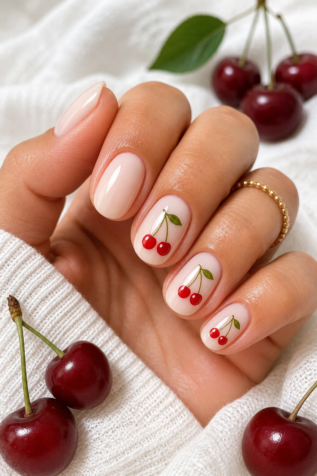 cherry nail art nails – milky white nude gel base with red cherries green stem leaf on accent nails cute retro summer 2026