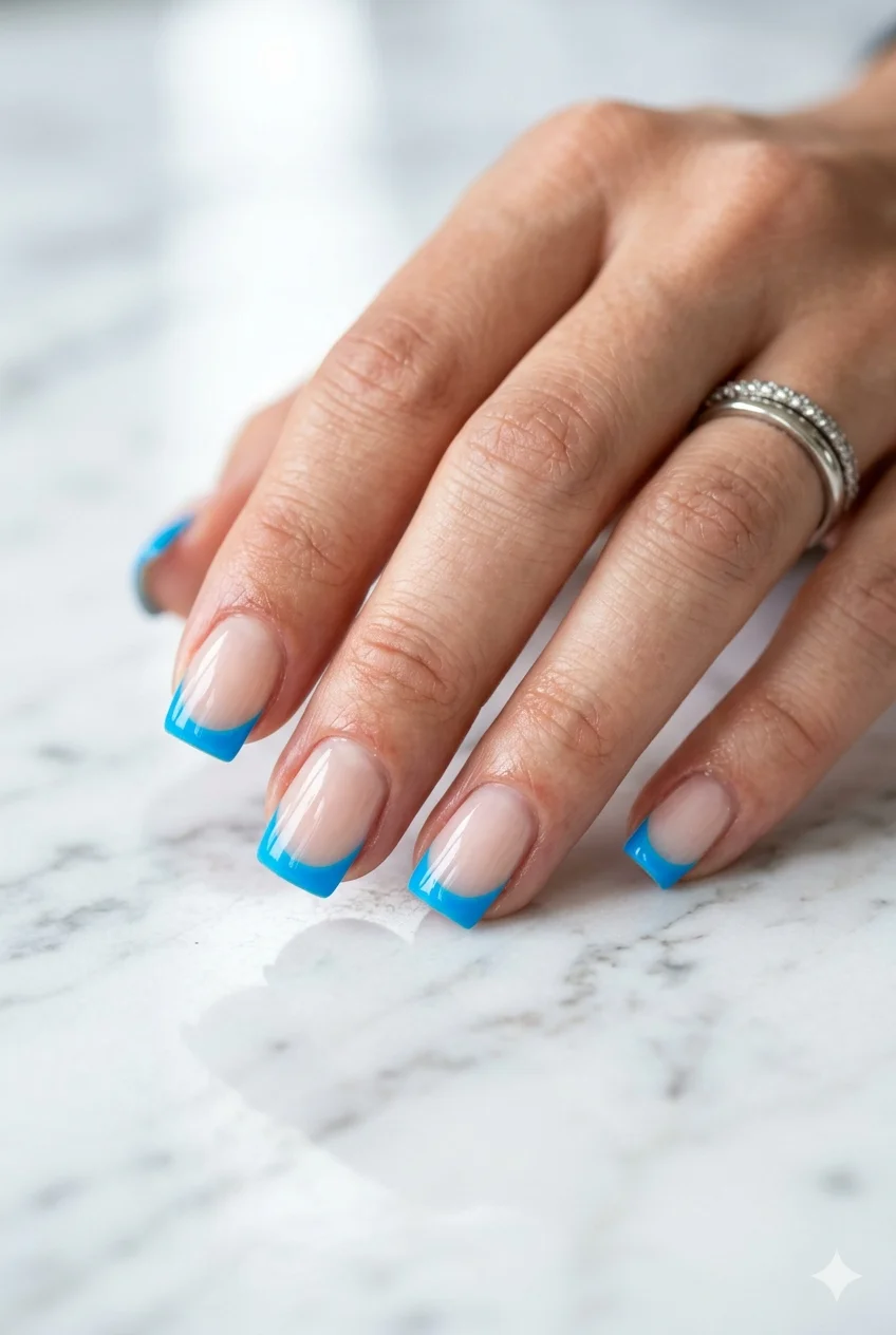 Y2K neon blue French tips electric vivid blue tip sheer nude base Y2K nail art 2026