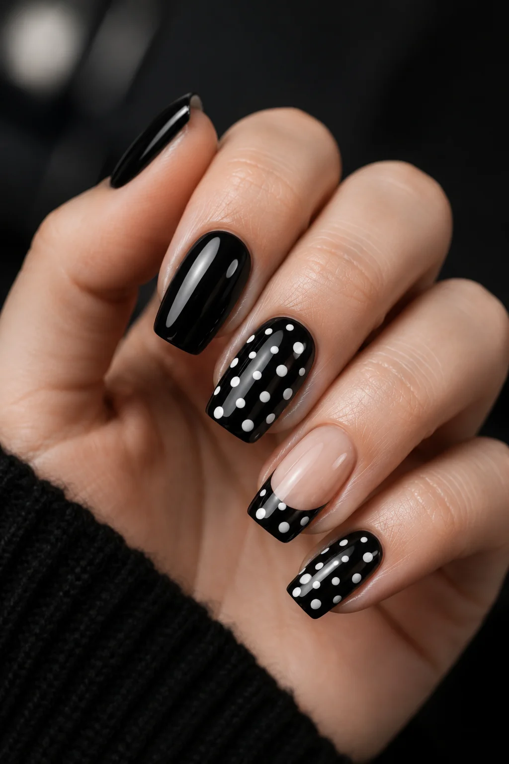 white polka dots on black nails bold graphic monochrome editorial mixed nail set 2026