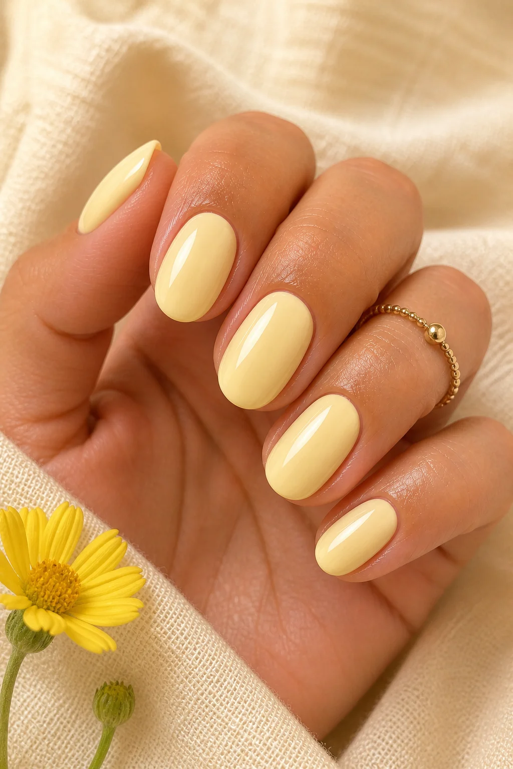butter yellow summer nails – soft pale creamy warm yellow high-gloss gel flattering all skin tones short almond 2026