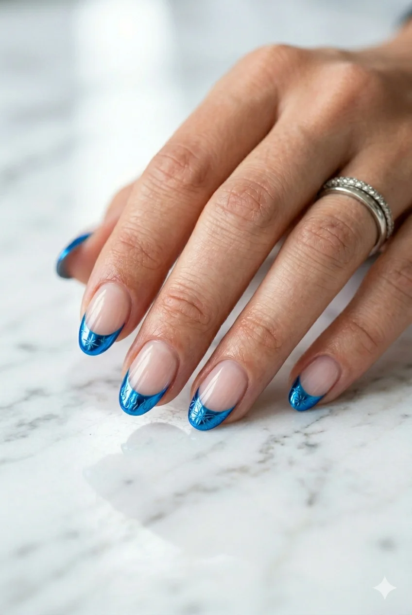 Y2K chrome French tips silver chrome powder on tip area only sheer nude base 2026