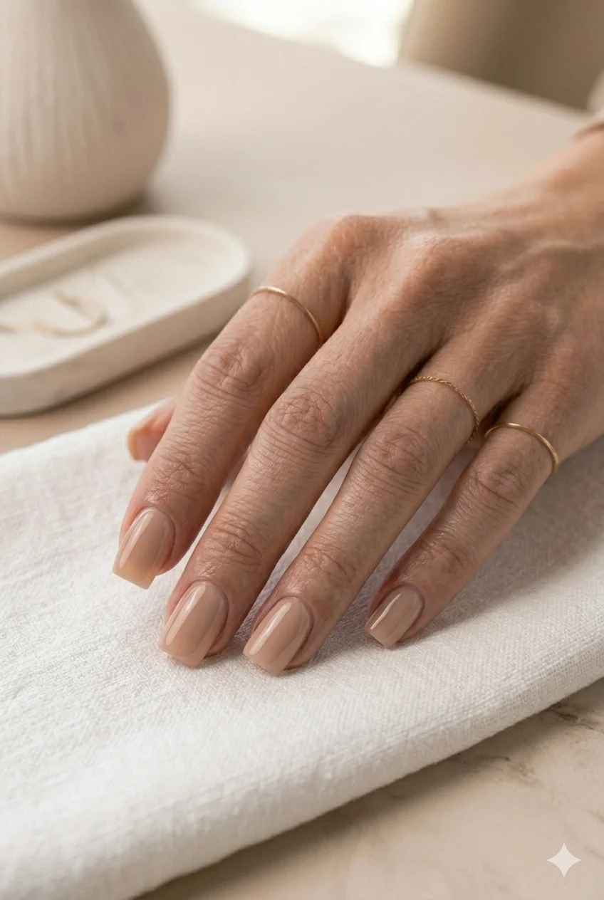 nude square nails warm skin-matched beige quiet luxury old money flat edge 2026