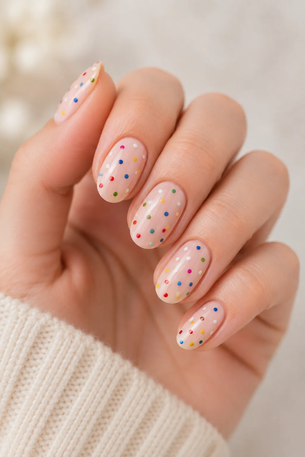 multicolor confetti polka dot nails rainbow dots scattered on nude base festive playful 2026