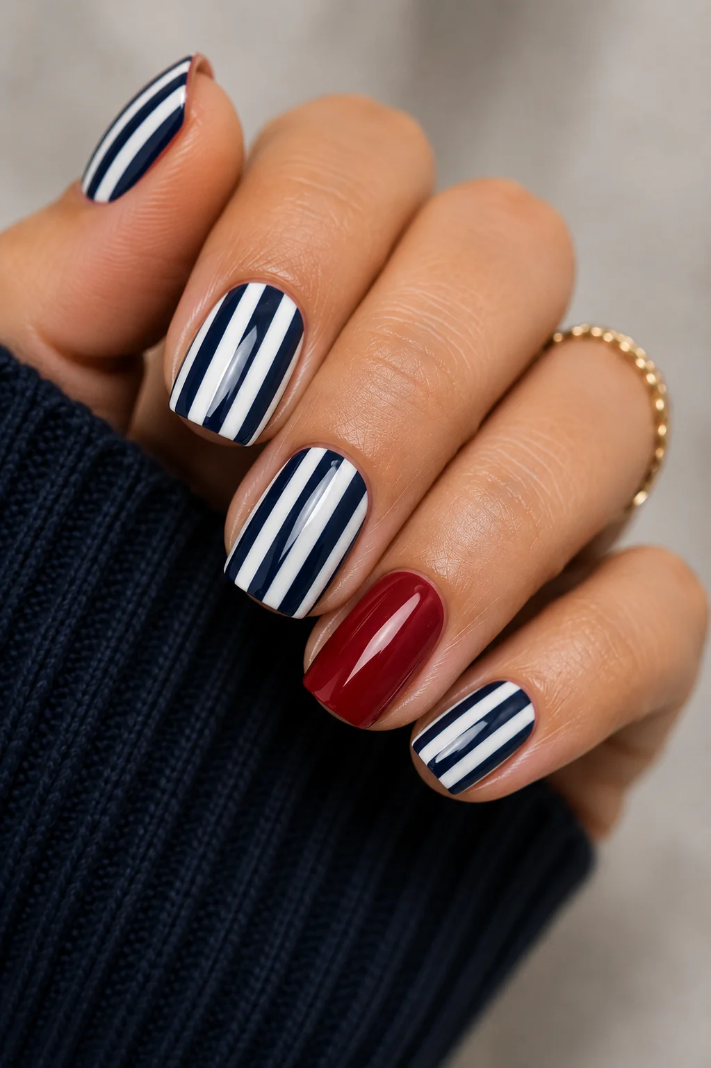 navy white stripe 4th of July nails crisp vertical stripes one red accent nail short square patriotic 2026