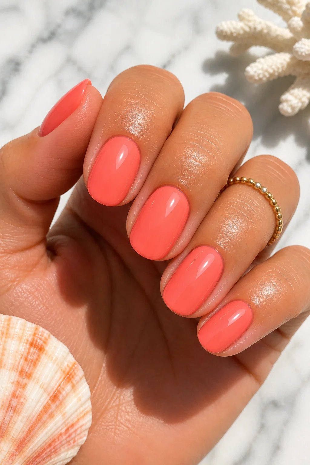 coral summer nails – warm vibrant coral orange-pink ultra-gloss gel short oval summer 2026
