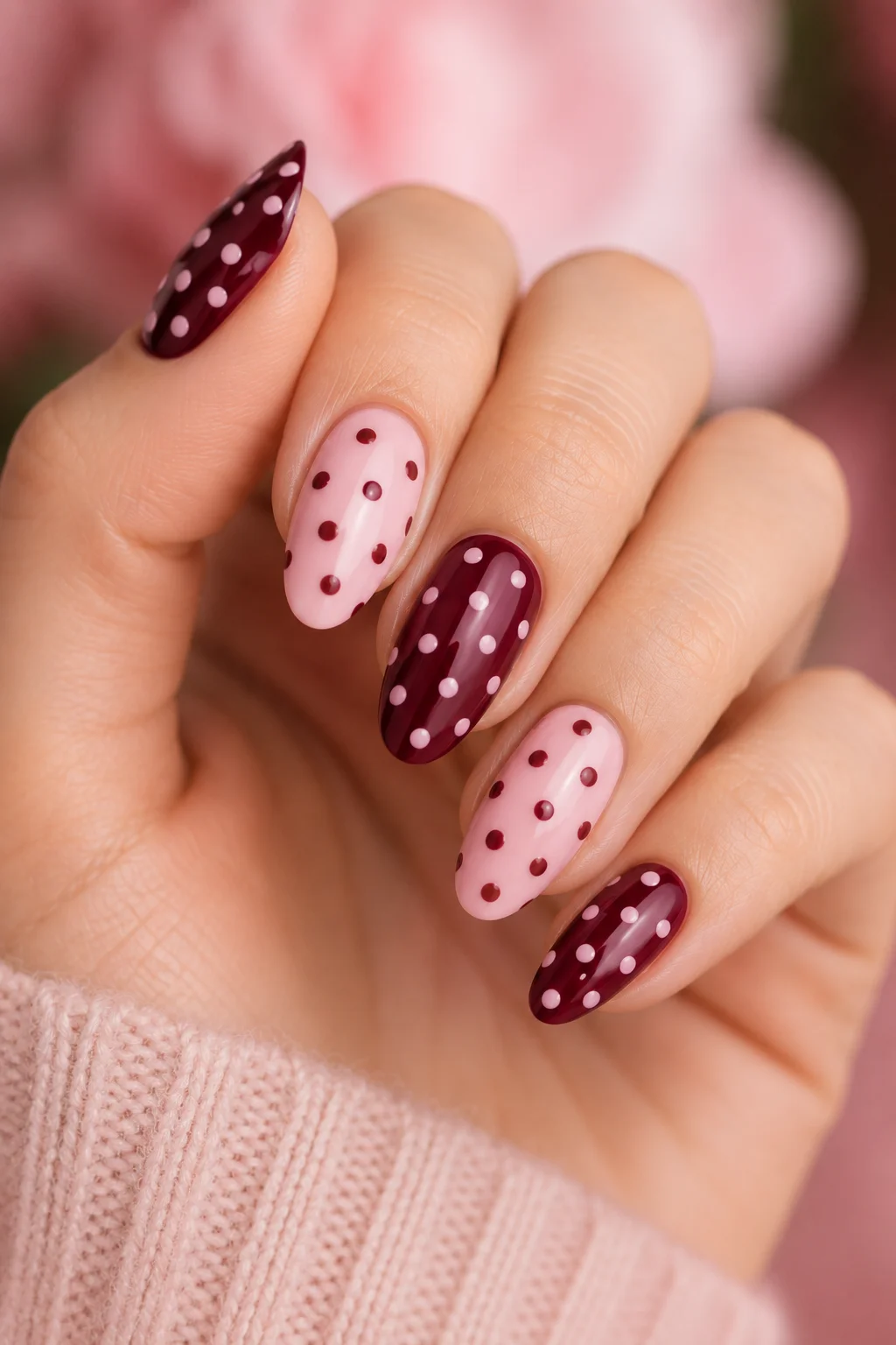 burgundy pink reversed polka dot nails across the set coquette romantic contrast 2026